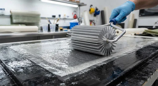 Rouleau débulleur métallique appliqué sur un renfort de fibre de verre imprégné