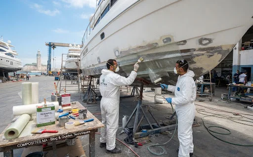 Coque de bateau en composite en cours de fabrication dans un chantier naval