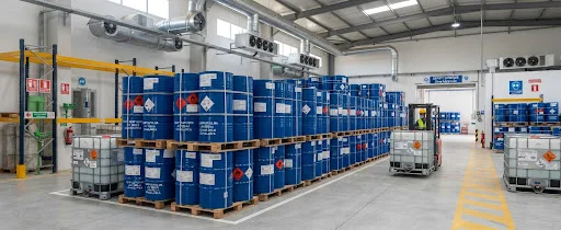 Fûts de résine et conteneurs industriels rangés dans une zone de stockage