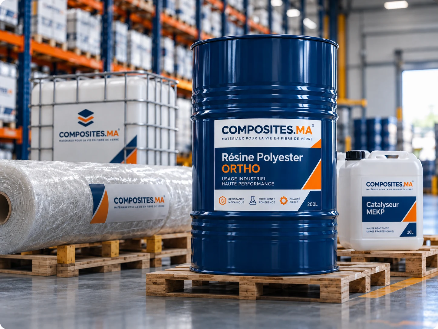 Entrepôt COMPOSITES.MA avec fût de résine polyester, mat de verre, cuve IBC et catalyseur